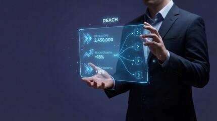 A businessman in a suit holds a futuristic digital screen displaying business metrics and statistics.
