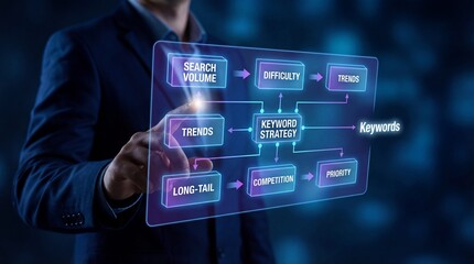 A businessman analyzing a digital flowchart of keyword strategy in a dark background