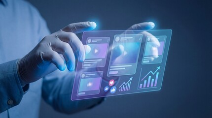 A person interacting with a futuristic digital interface in a dark room