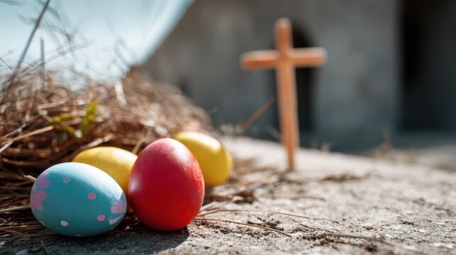 Colorful Eggs Near a Wooden Cross During Christian Easter
