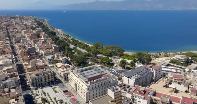 Aerial view of the waterfront of Reggio Calabria, southern Italy. The Falcomat&agrave; seafront overlooks the Mediterranean Sea and is known as the most beautiful kilometer in Italy. There is a urban beach.