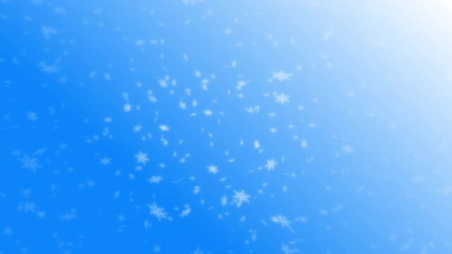White snowflakes being lit up and falling down on blue gradient background. Abstract background for Merry Christmas, Happy Holidays, Season's greetings, Happy Valentine's day and winter season.