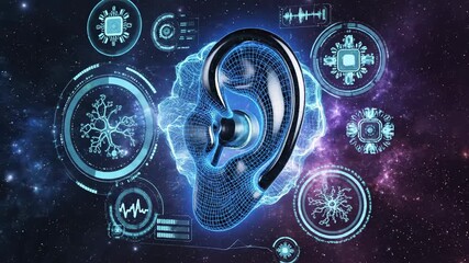 Futuristic hearing aid technology concept with a digital ear analyzing sound waves and binary code data streams. Medical innovation in audiology for hearing loss and deafness treatment