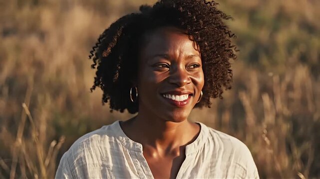 Radiant Black Woman Smiling in Golden Field - Authentic Portrait of Happiness and Natural Beauty Capturing Joyful Moments Outdoors