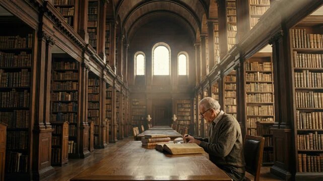 Elderly scholar reading an ancient book in a grand historic library. Senior man using a magnifying glass to study text at a wooden table with sunlight beams. Wisdom and history concept