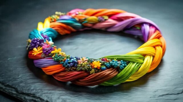 Colorful braided ring with flowers on neutral background studio shot