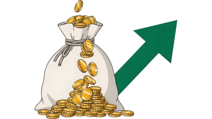 Modern financial vector money sack filled with gold coins and an upward arrow.