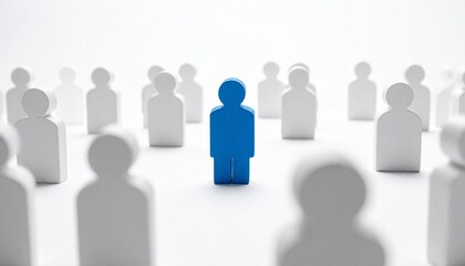 Blue human figure standing out from white crowd symbolizing leadership and individuality