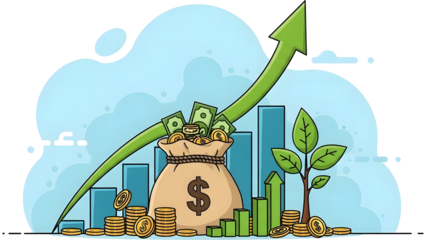 Vector illustration of long term investment, money sack and growth chart