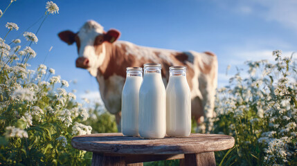 Farm scene with cow and milk bottles during sunny day