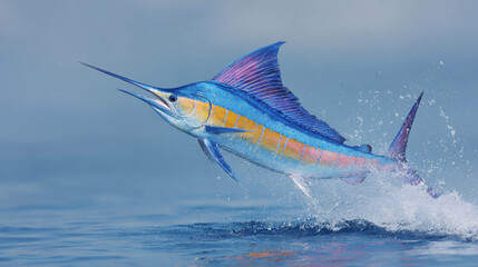 Bright blue marlin jumps out of water near coastline in daytime