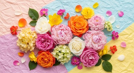 Colorful floral arrangement with roses and petals on pastel paper