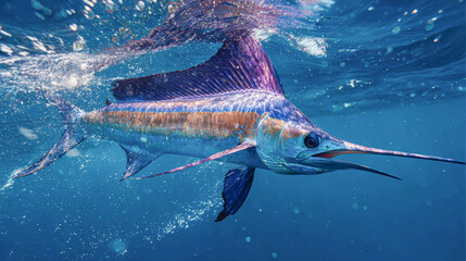 Sailfish swims gracefully in clear blue ocean waters during midday sunlight