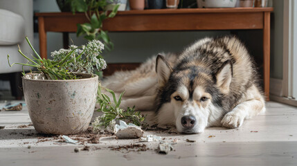 Dog lying on the floor next to a broken plant pot and spilled soil in a living room