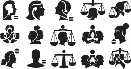 Justice and law icons in black silhouette style set