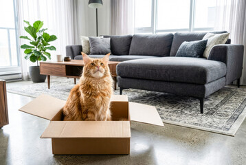 Cat sits in cardboard box in modern living room with sofa and plants