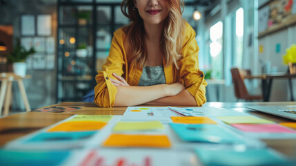Creative woman planning ideas with colorful sticky notes on a desk in a modern workspace.