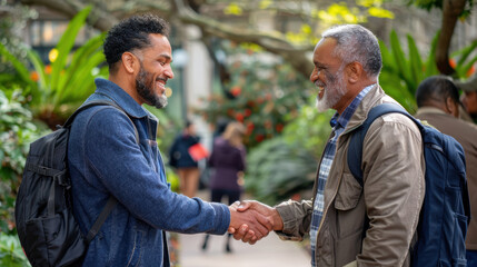 Two mature men smiling and shaking hands outdoors, showing friendship, trust, and positive social connection.