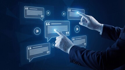 A businessman in a suit interacts with glowing digital chat bubbles on a dark blue background