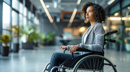 Confident professional woman in wheelchair working in modern office, inclusive workplace and diversity concept.