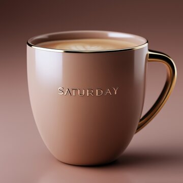 Ros&eacute;goldene Tasse mit Aufschrift Saturday auf braunem Hintergrund