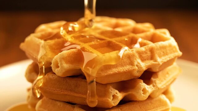 Waffles with syrup being poured over them for a tasty breakfast