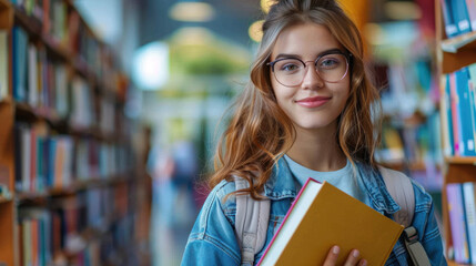 Smiling female student with glasses holding books in a library, education and learning concept.