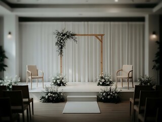 Elegant minimalist wedding altar with floral arrangements and soft lighting
