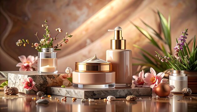 A natural beauty product display features three containers, flowers, stones, and plants arranged on a platform with a warm background