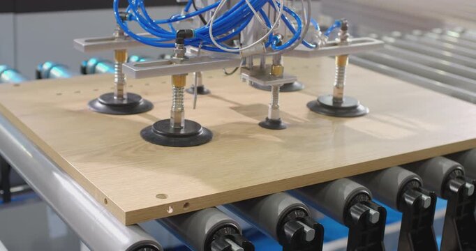 Automated robotic arm with suction cups handling wooden panels