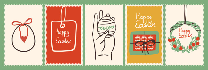 Collection of vintage style Happy Easter postage stamps featuring hand-drawn illustrations of decorated eggs and festive wreath, and holiday handwritten greetings text 