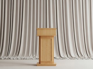 Elegant Oak Podium Against a Flowing Beige Fabric Backdrop Scenery