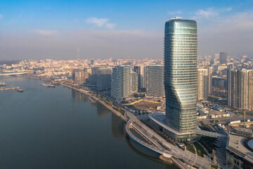 Obraz premium Belgrade, Serbia - December 20, 2025: View at Belgrade Waterfront buildings at Sava river. Belgrade Waterfront, residential and bussines luxury area in Belgrade