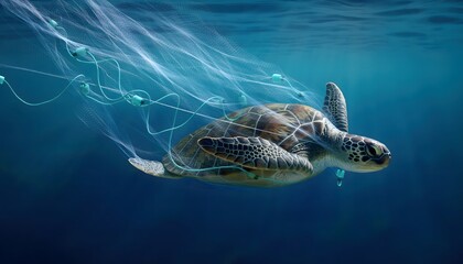 Obraz premium Majestic sea turtle struggles, entangled in ghostly illuminated plastic pollution beneath the ocean's surface
