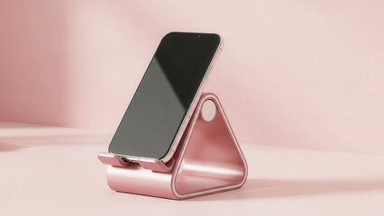 Sleek adjustable phone stand with a minimalist design, featuring smooth curves and modern aesthetics, set against a light pink background