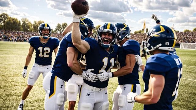 Group of young high school football players, celebrating victory.

