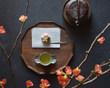 Japanese Traditional Tea Set with Tetsubin, Kyusu, Uji Sencha, Plum Nerikiri and Quince Blossom on Urushi Tray

