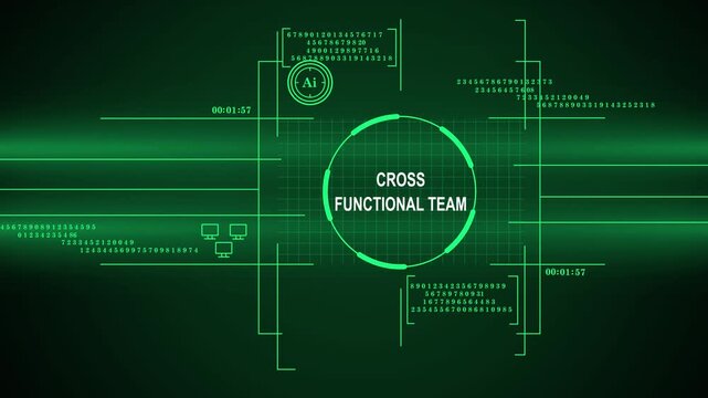 A high-tech digital heads-up display (HUD) featuring glowing green graphics, data streams, and the business text "CROSS FUNCTIONAL TEAM," symbolizing modern corporate collaboration, strategy, and tech