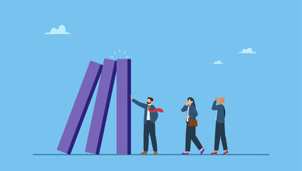 Reliable businessman leader protect domino from collapse on colleagues. Reliability, trustworthy or skillful leadership protect or solve problem, trust or work responsible, supported partner.