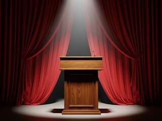 Illuminated stage with wooden lectern, microphone and red velvet curtains