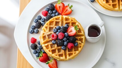 Golden Waffles with Fresh Berry Medley and Sweet Maple Syrup Delight