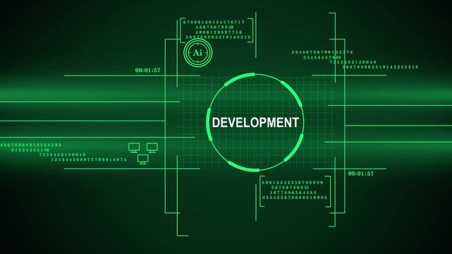 A high-tech digital HUD interface animation featuring the word 'DEVELOPMENT' in neon green, surrounded by scrolling data streams, rotating geometric circles, and network symbols on a dark background.