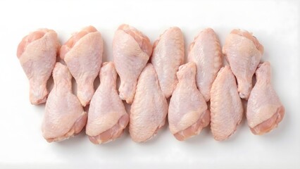 Fresh Raw Chicken Drumsticks or Legs Arranged in Rows on White Background