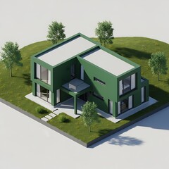Isometric green modern home situated on a lush hill surrounded by nature