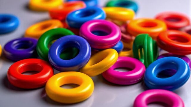 Colorful donut shaped objects arranged for various creative concepts