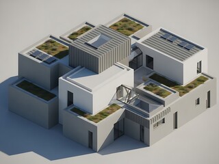 Minimalist modular home design with green roofs and solar panels aesthetic