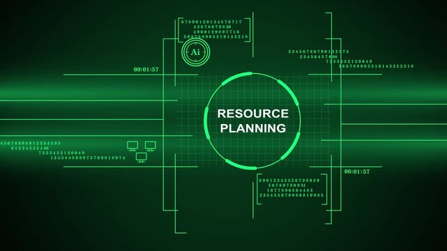 A digital technology background featuring a glowing green HUD interface with "Resource Planning" text, data numbers, and schematic lines, symbolizing modern business management and AI strategy.