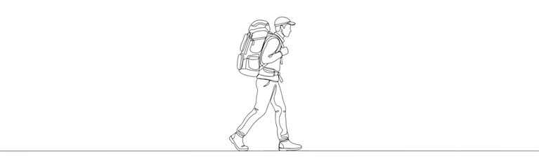 Fototapeta premium Continuous line drawing of a hiker with a backpack and walking stick, symbolizing adventure, nature, and outdoor exploration