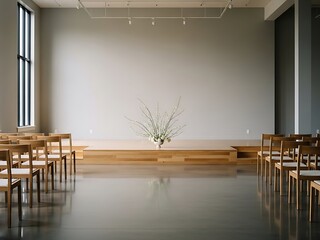Minimalist ceremony venue setup with flower arrangement and wooden chairs