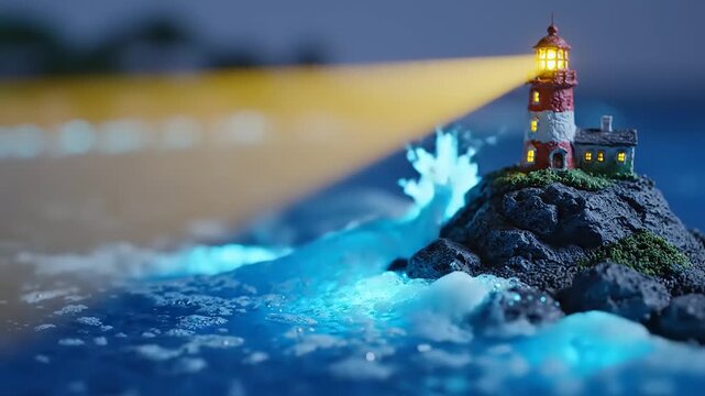 Miniature lighthouse on rocky island with crashing blue waves and shining light beam at dusk